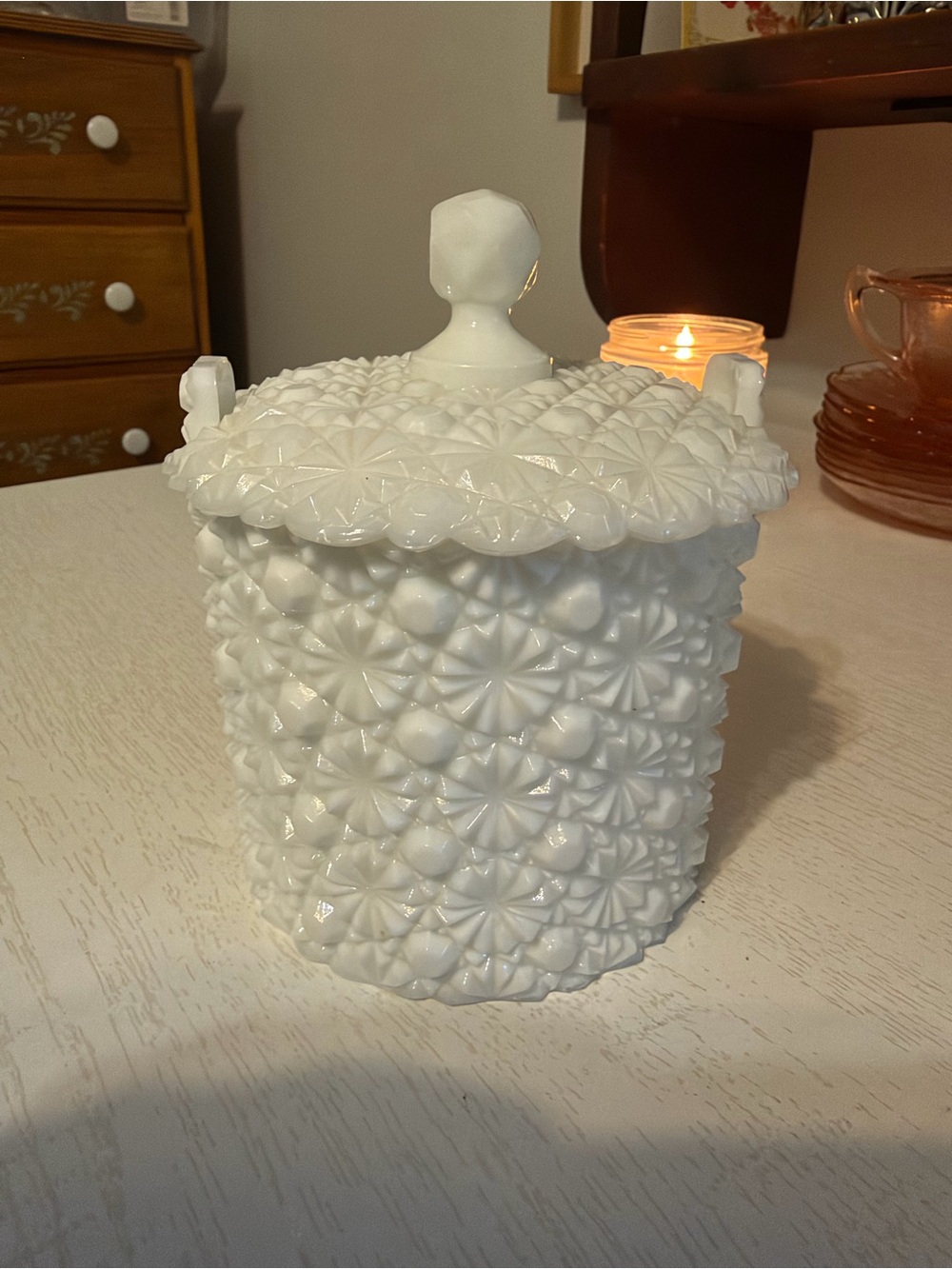 Vintage Daisy and Button Milk Glass Trinket Jar with Lid - Home Accents